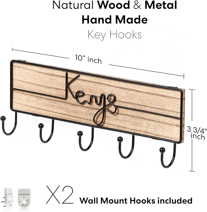 Key Hooks Holder and Organizer, Wall Mounted Decor Keys Wood and Handmade Metal Ornament, Wall Keychain Hanger, Boho, and Rustic Key Rack Decor