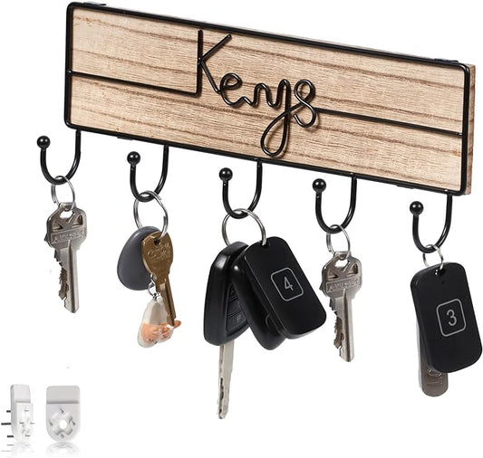 Key Hooks Holder and Organizer, Wall Mounted Decor Keys Wood and Handmade Metal Ornament, Wall Keychain Hanger, Boho, and Rustic Key Rack Decor