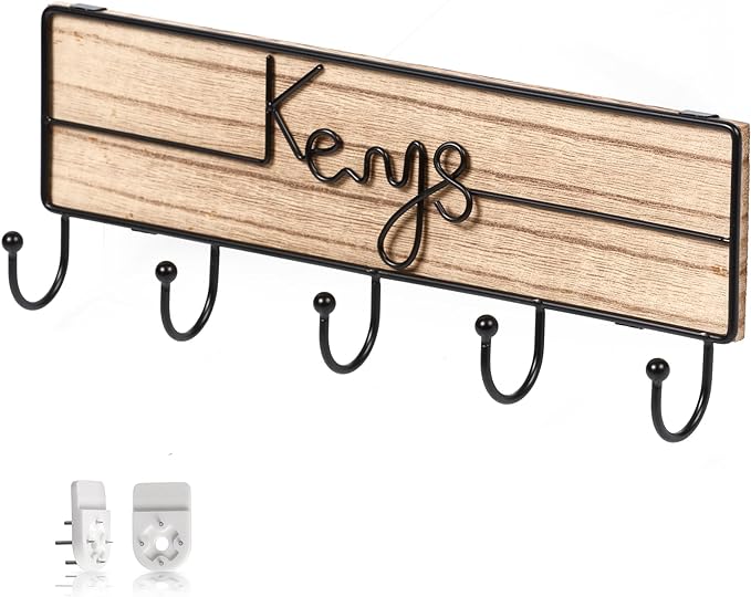 Key Hooks Holder and Organizer, Wall Mounted Decor Keys Wood and Handmade Metal Ornament, Wall Keychain Hanger, Boho, and Rustic Key Rack Decor