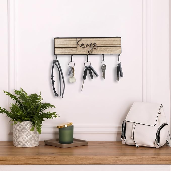 Key Hooks Holder and Organizer, Wall Mounted Decor Keys Wood and Handmade Metal Ornament, Wall Keychain Hanger, Boho, and Rustic Key Rack Decor