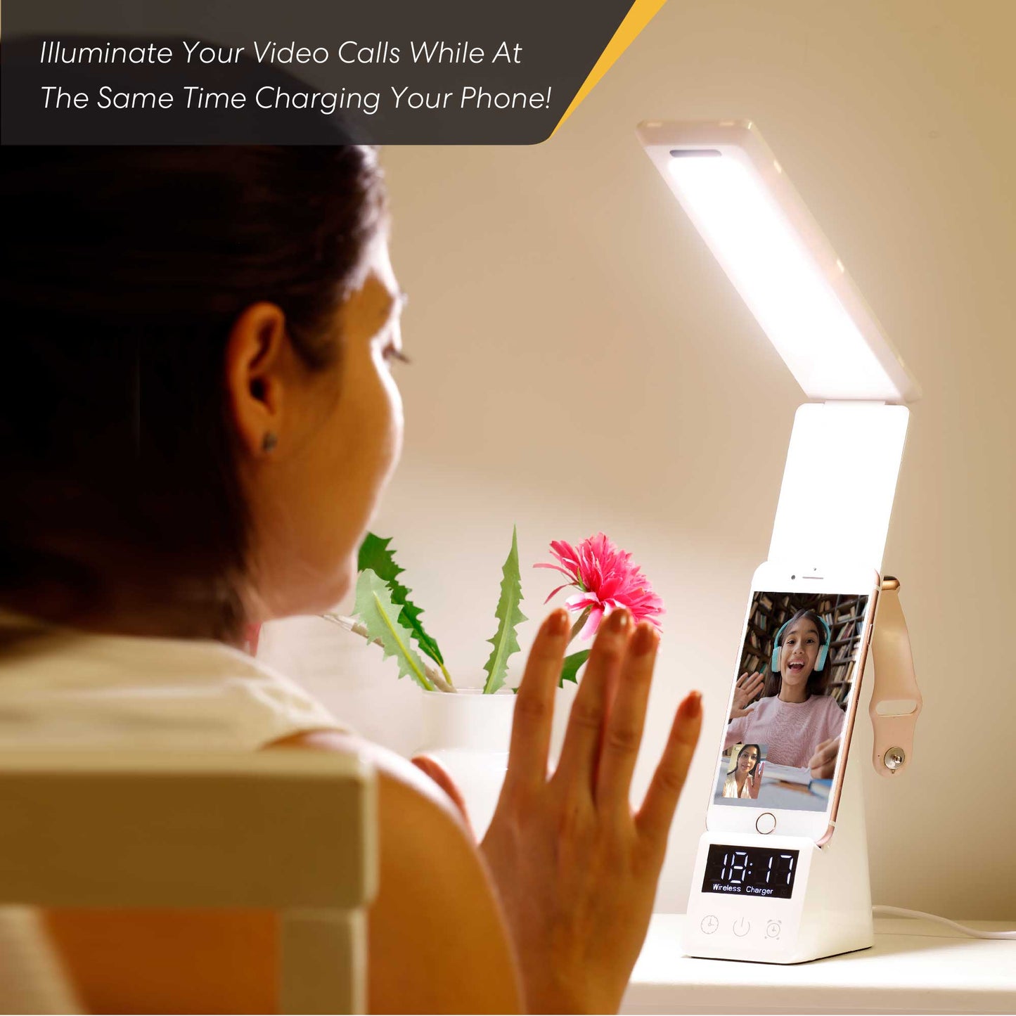 LED Table Lamp, 3 in 1 Wireless Charger, Holder and Organizer for iPhone Apple Watch AirPods.Fast Charging AC Power Adapter, Dimmable Soft Lighting for Video Chat Reading