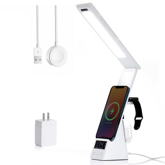 LED Table Lamp, 3 in 1 Wireless Charger, Holder and Organizer for iPhone Apple Watch AirPods.Fast Charging AC Power Adapter, Dimmable Soft Lighting for Video Chat Reading