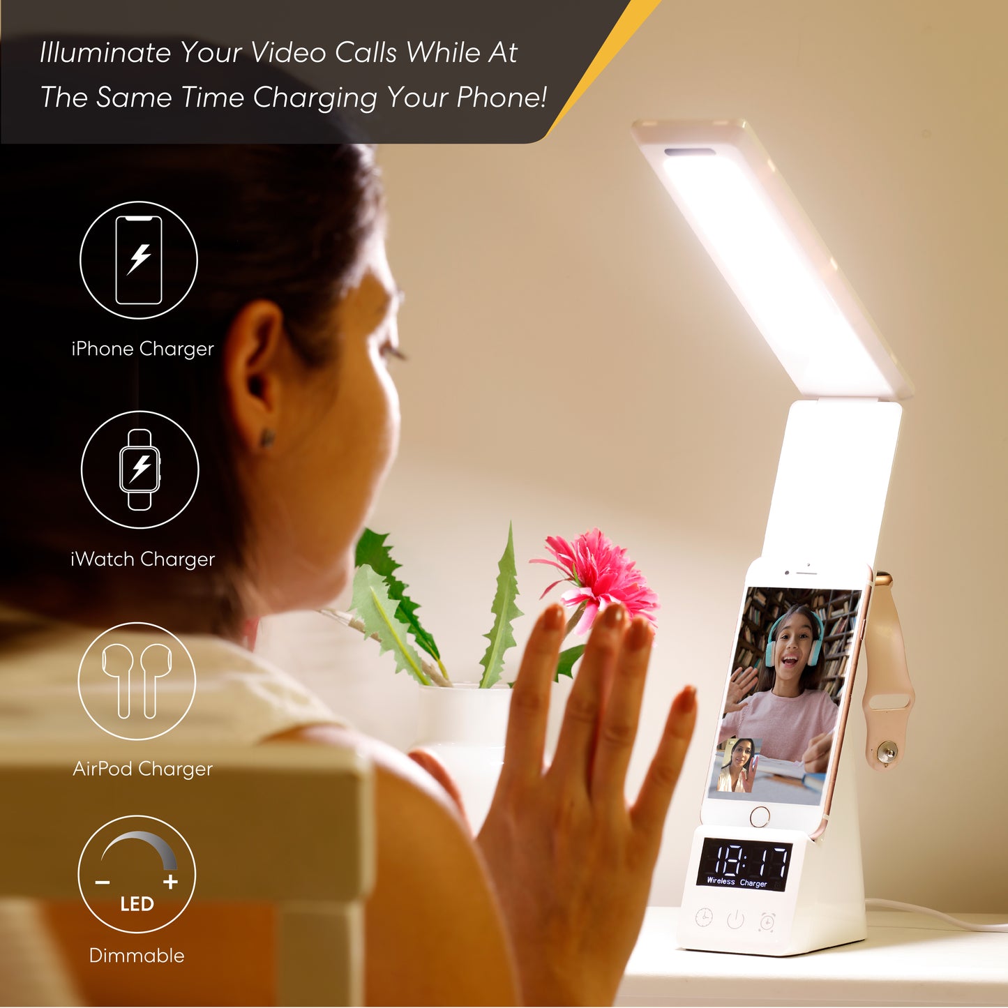 LED Table Lamp, 3 in 1 Wireless Charger, Holder and Organizer for iPhone Apple Watch AirPods.Fast Charging AC Power Adapter, Dimmable Soft Lighting for Video Chat Reading