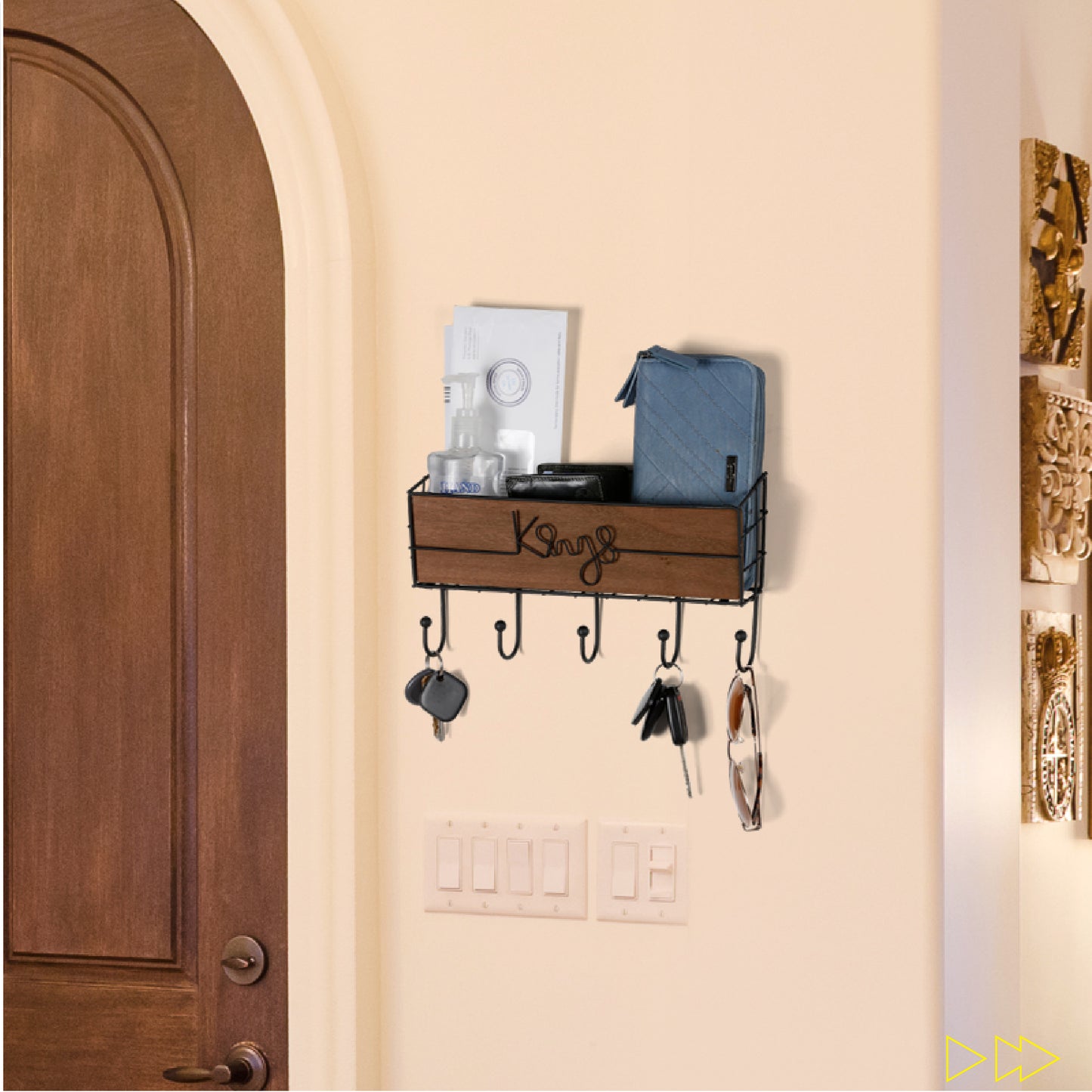 Wall Mounted Key Rack Holders with 5 Hooks, Key Hanger for Multiple Keys Keychain Holder Personal Items Mail Slot Basket Organizer (Brown)